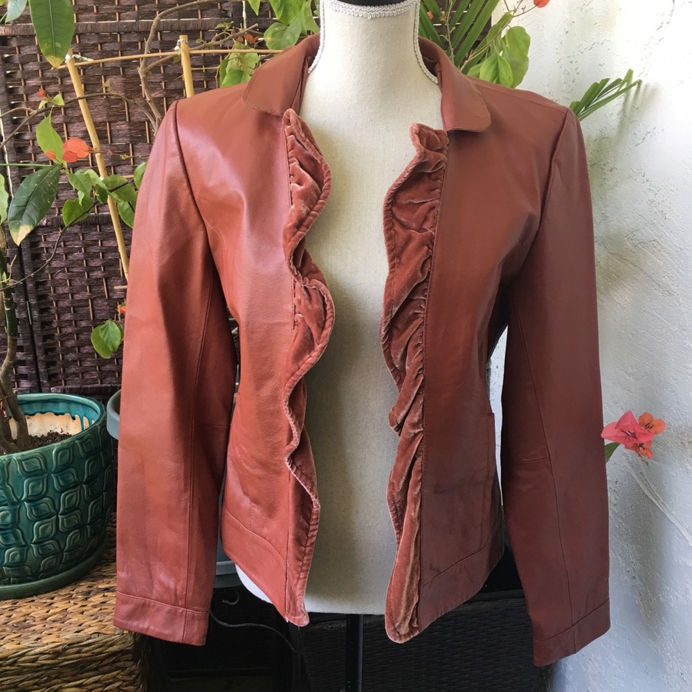 GUC metro style leather jacket with velvet ruffle